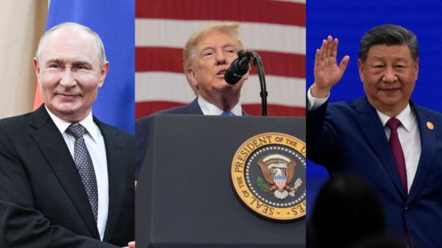 Imagem mostra os presidentes, da esquerda para a direita, Vladimir Putin, da Rússia, Donald Trump, dos Estdados Unidos e Xi Jinping, da China, em uma colagem