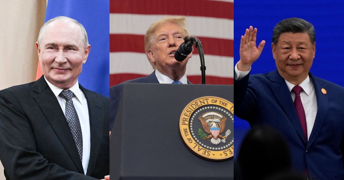 Imagem mostra os presidentes, da esquerda para a direita, Vladimir Putin, da Rússia, Donald Trump, dos Estdados Unidos e Xi Jinping, da China, em uma colagem